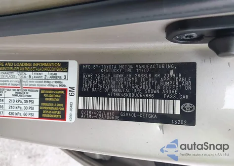 2008 Toyota Camry Xle V6 из США, поврежденный, VIN 4T1BK46K88U064886